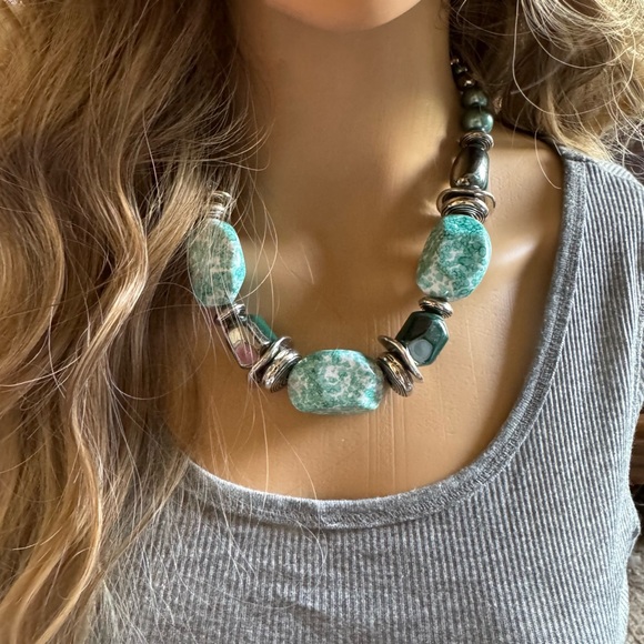 ANTHROPOLOGIE • Turquoise Chunky Necklace Timelessly Tantalizing Beads Statement - Picture 4 of 6